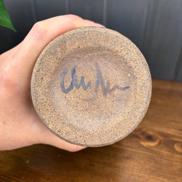 Studio Pottery Vase with Hand-Painted Blue Irises Stoneware Utensil Holder - Picture 7 of 16